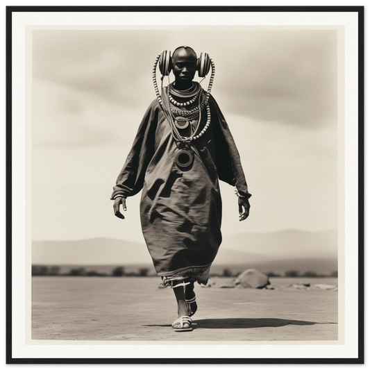 Black and white image of a Maasai in ceremonial dress for Timeless Tribal Steps art