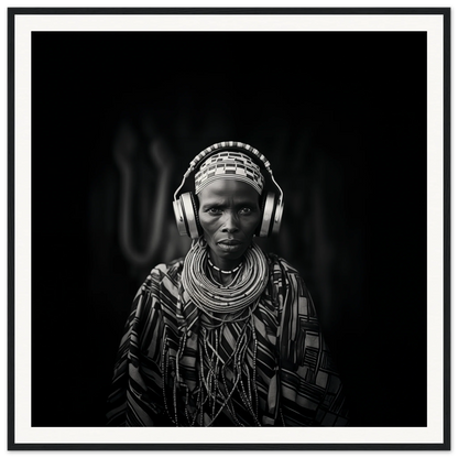 Striking black and white portrait featuring traditional jewelry and modern headphones for Tribal Why-Fi special edition art™