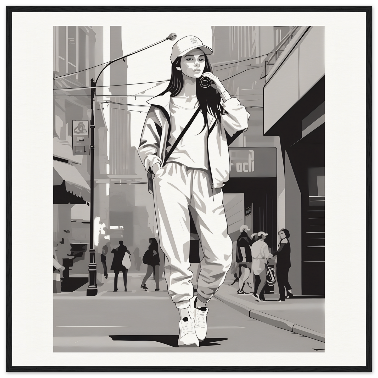 Black and white illustration of a casual streetwear look for Urban Dreamwalk Vogue special edition art™