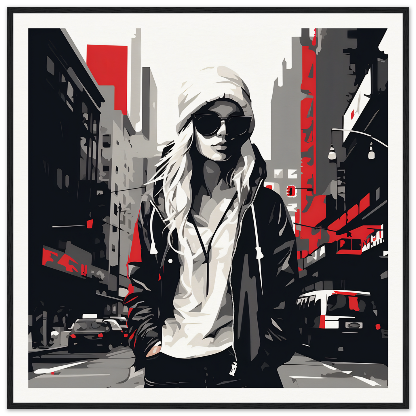 Stylized urban artwork of a cool person in sunglasses for Urban Spirit Redux framed posters