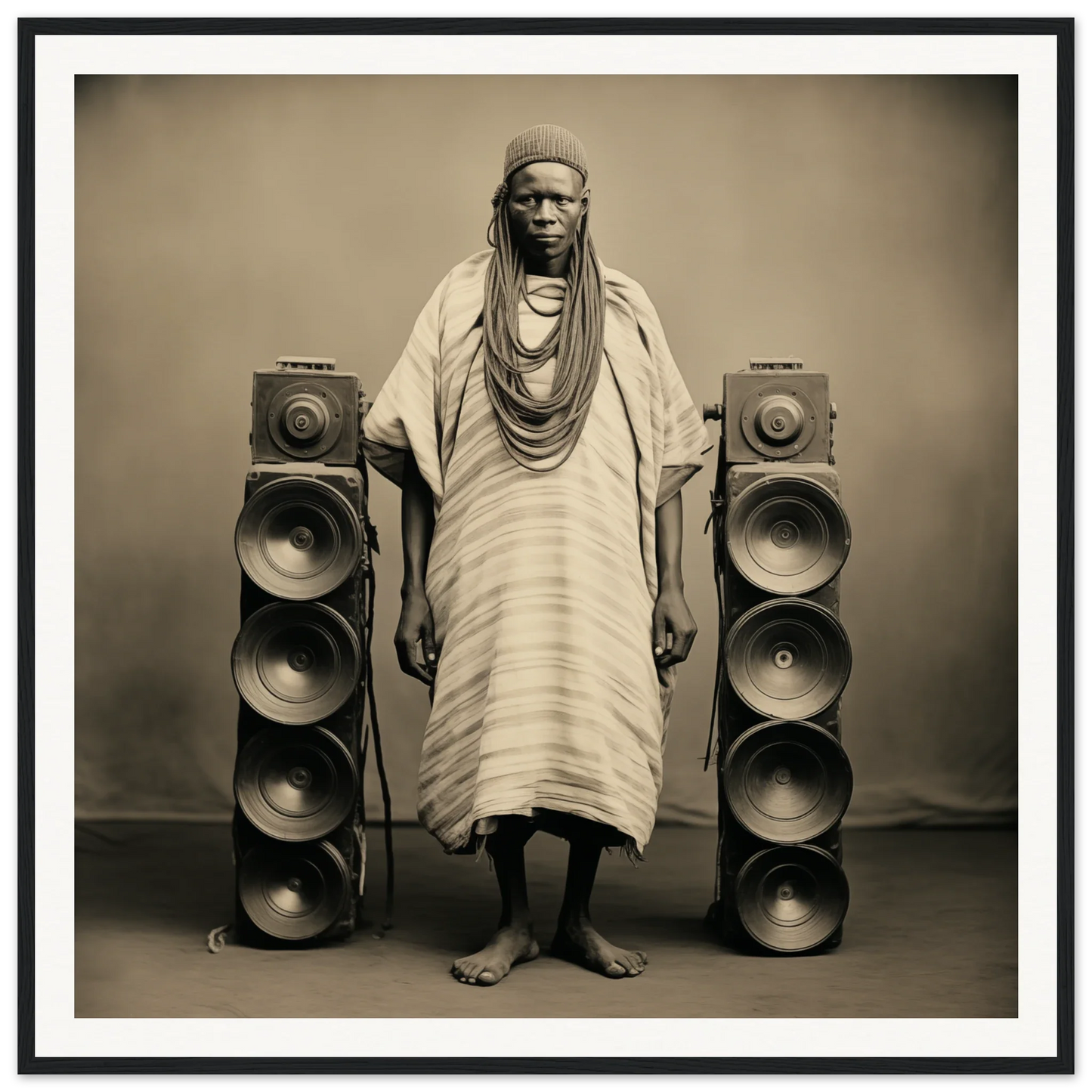 A figure in traditional African robes stands between speakers in Voices Amid Pixels art