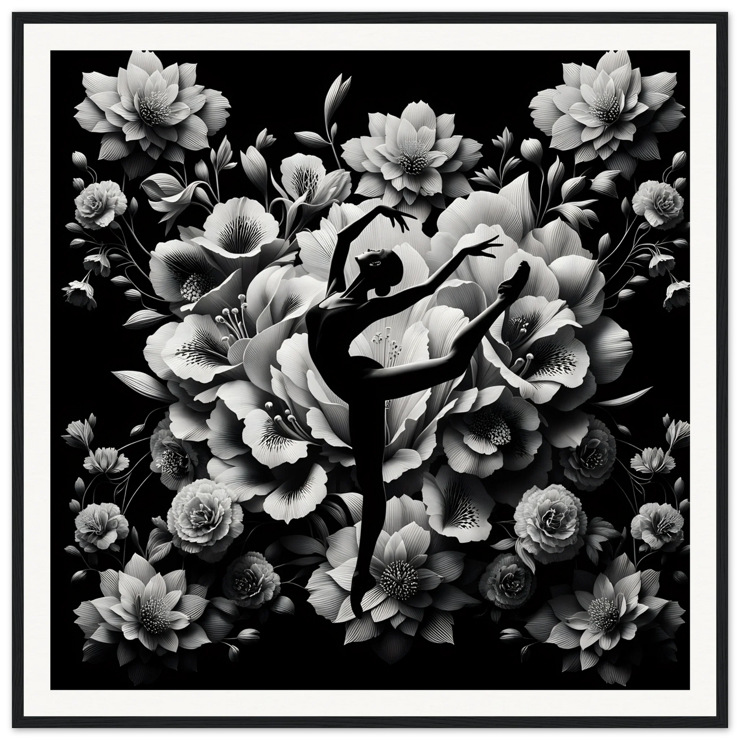 Silhouette of a ballet dancer in arabesque surrounded by flowers in Waltzing Bloom Synthesis