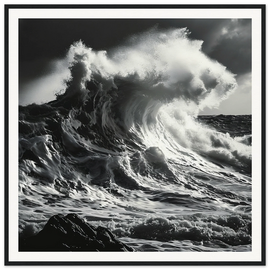 Ocean wave crashing on rocks in Wave’s Fury Howl framed wall art special edition