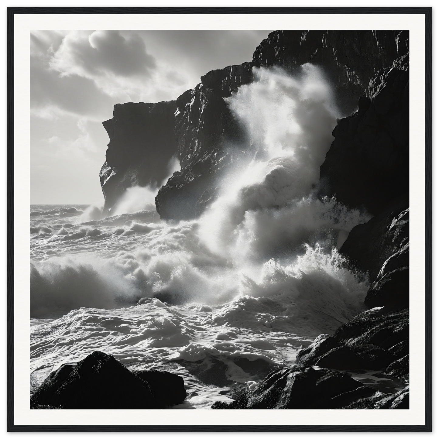 Dramatic ocean waves crashing on cliffs in Waves Wild Gambit framed wall art