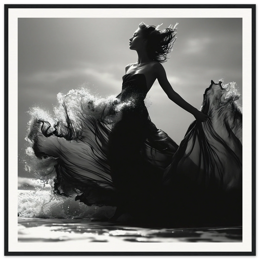 Silhouetted dancer in black dress showcases Wavewoven Elegance Manifestation art piece