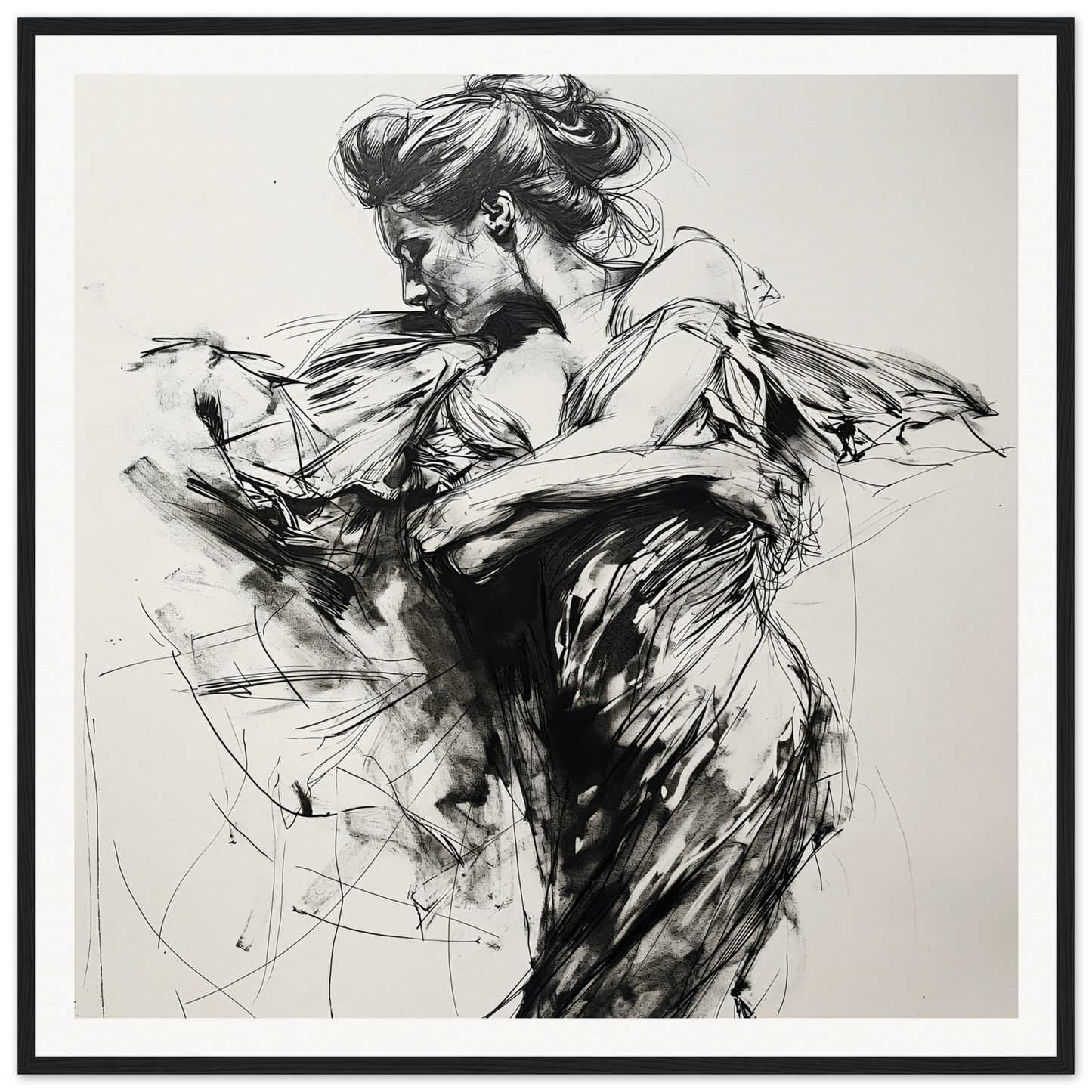 Expressive black and white sketch of a dancer for Whispering Solar Solitude poster