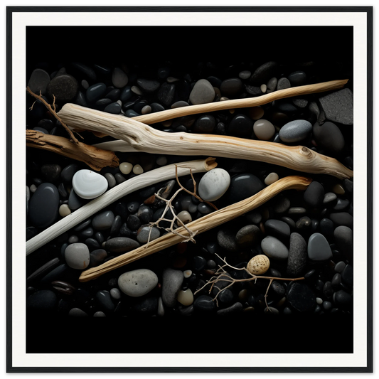 Driftwood and smooth river rocks in Whispers Earthward Serenade art piece