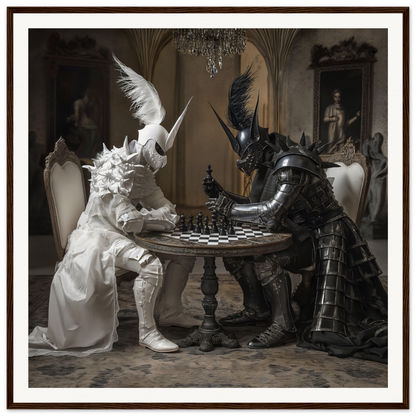 Two armored figures in black and white playing chess for Armor’s Silent Gambit art