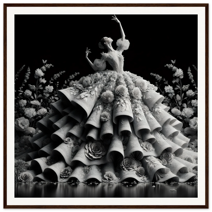 Dancer in ruffled gown, showcasing Baroque Blossom Ballet in stunning art style