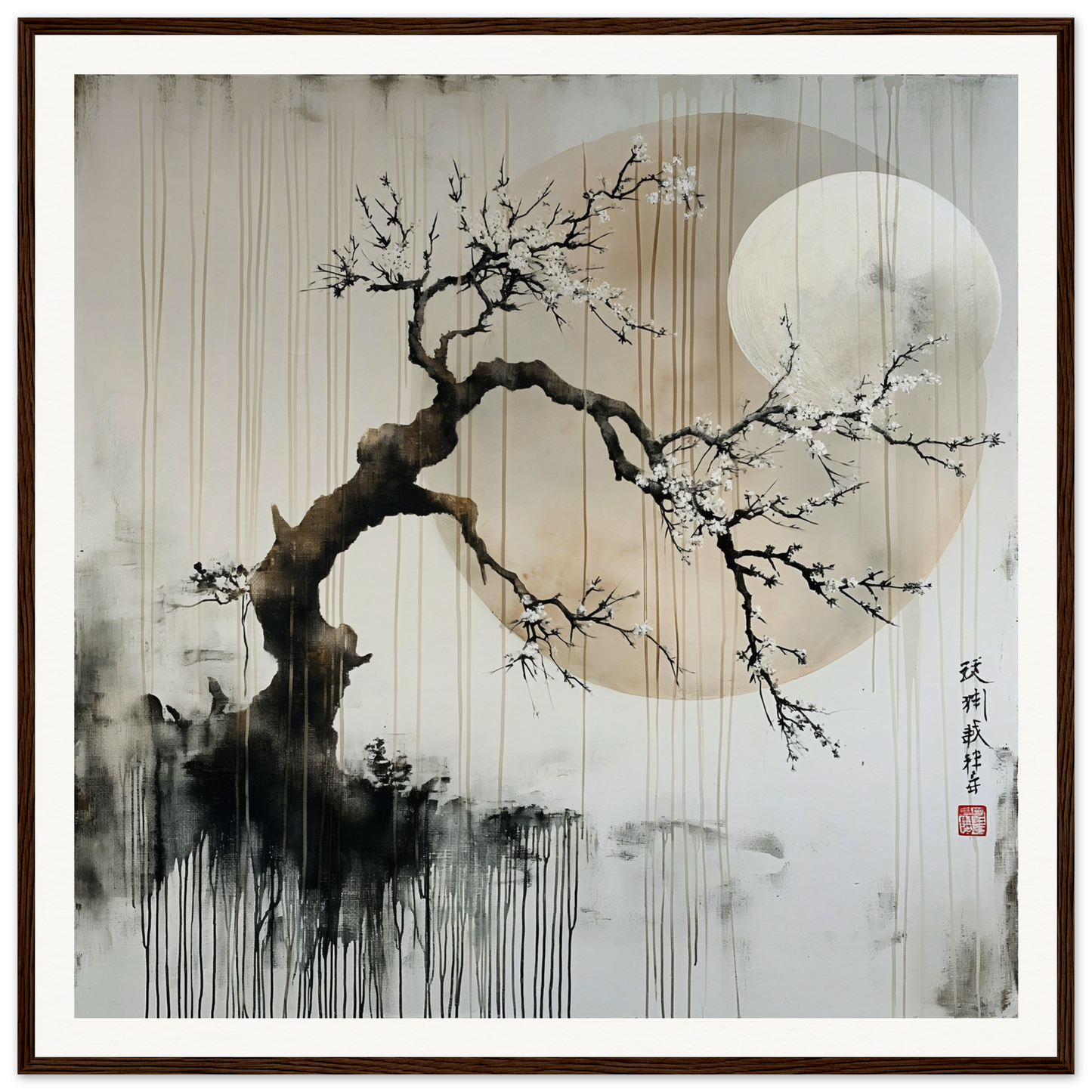 Twisted cherry blossom branch with blooms and moon in Blossoms Cosmic Serenade art