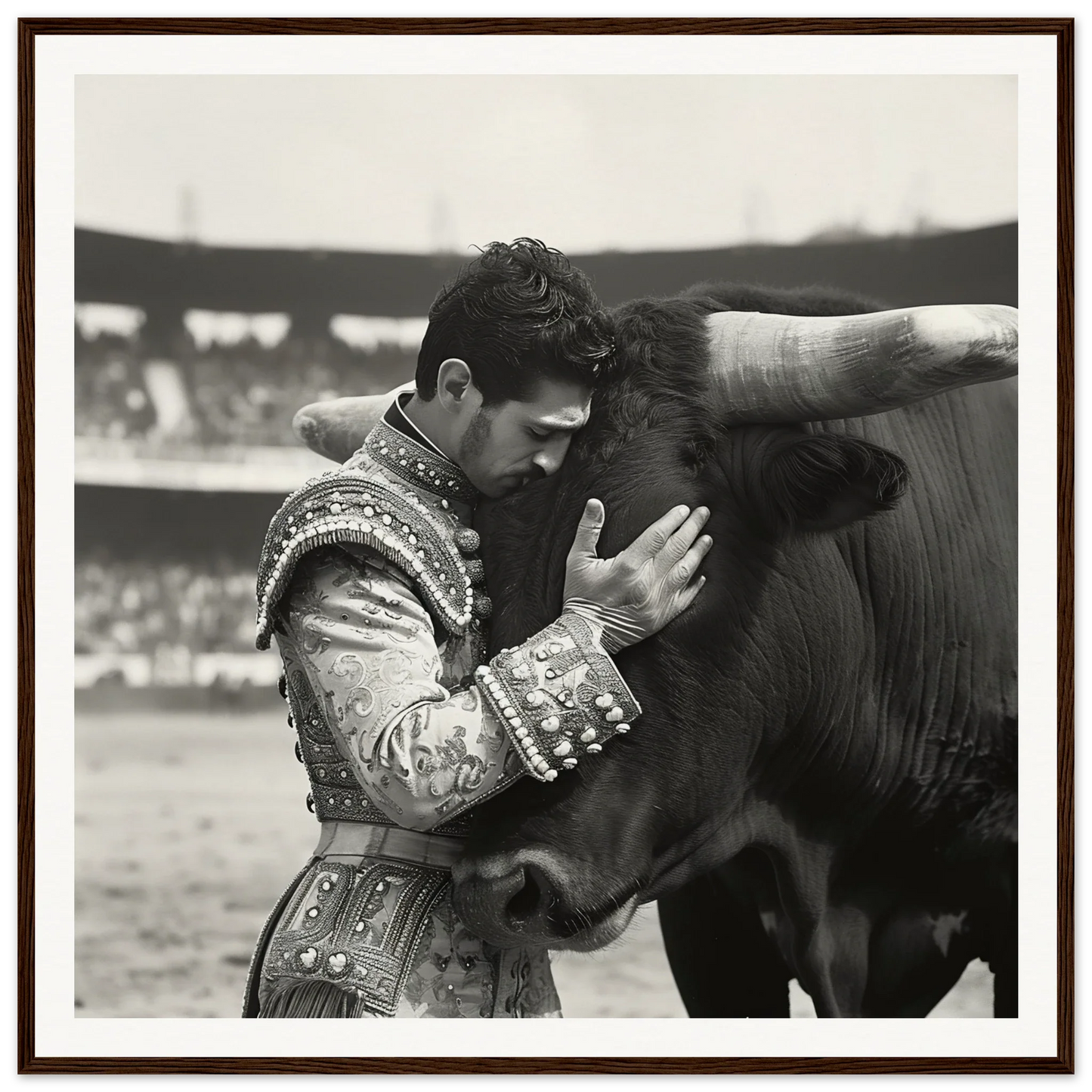 Matador in ornate suit embracing bull’s head for Bull & Brave special edition art™