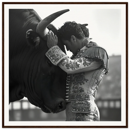 Matador in embroidered suit embraces bull’s head for Bull’s Forehead Commune art