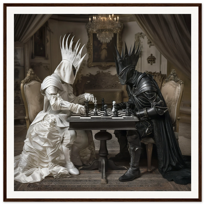 Two armored figures in contrasting crowns play chess, showcasing the Celestial Chess Nexus