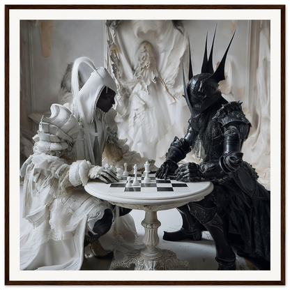 Two armored figures in black and white playing chess in Chess Duality Dance artwork