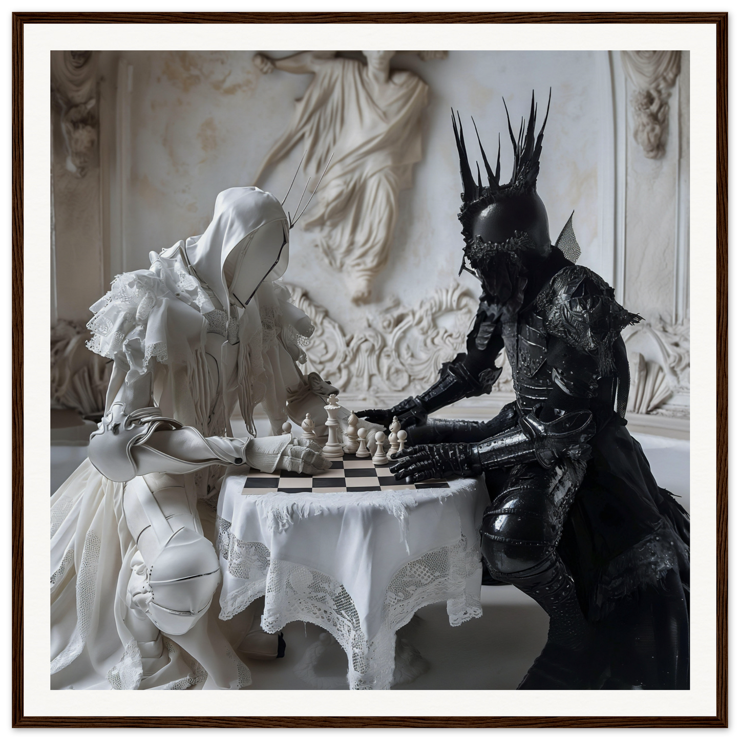 Two costumed figures play chess at a lace-covered table in Chess Rhapsody Duality art