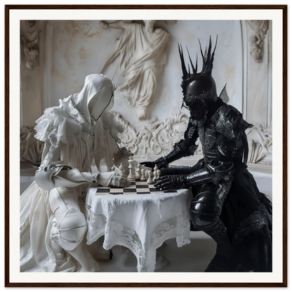 Two costumed figures play chess at a lace-covered table in Chess Rhapsody Duality art