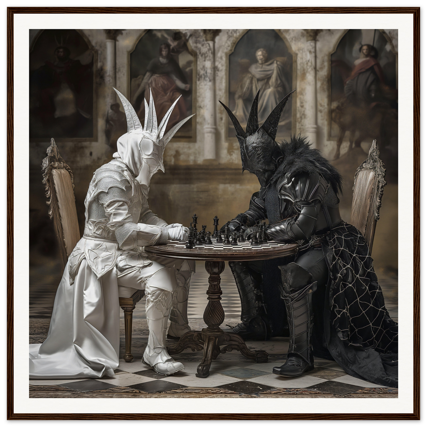 Two costumed figures in white and black enjoying Chessboard Waltz at a wooden table