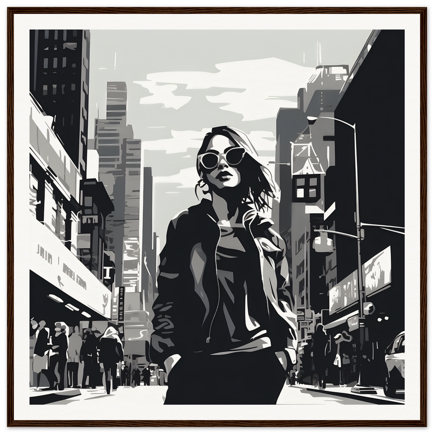 Stylized black and white figure in sunglasses for Chic City’s Echoes special edition art™