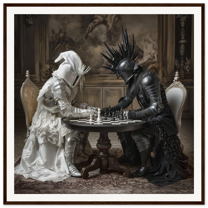 Two armored figures in black and white play chess in Duelling Nightmares’ Vision art