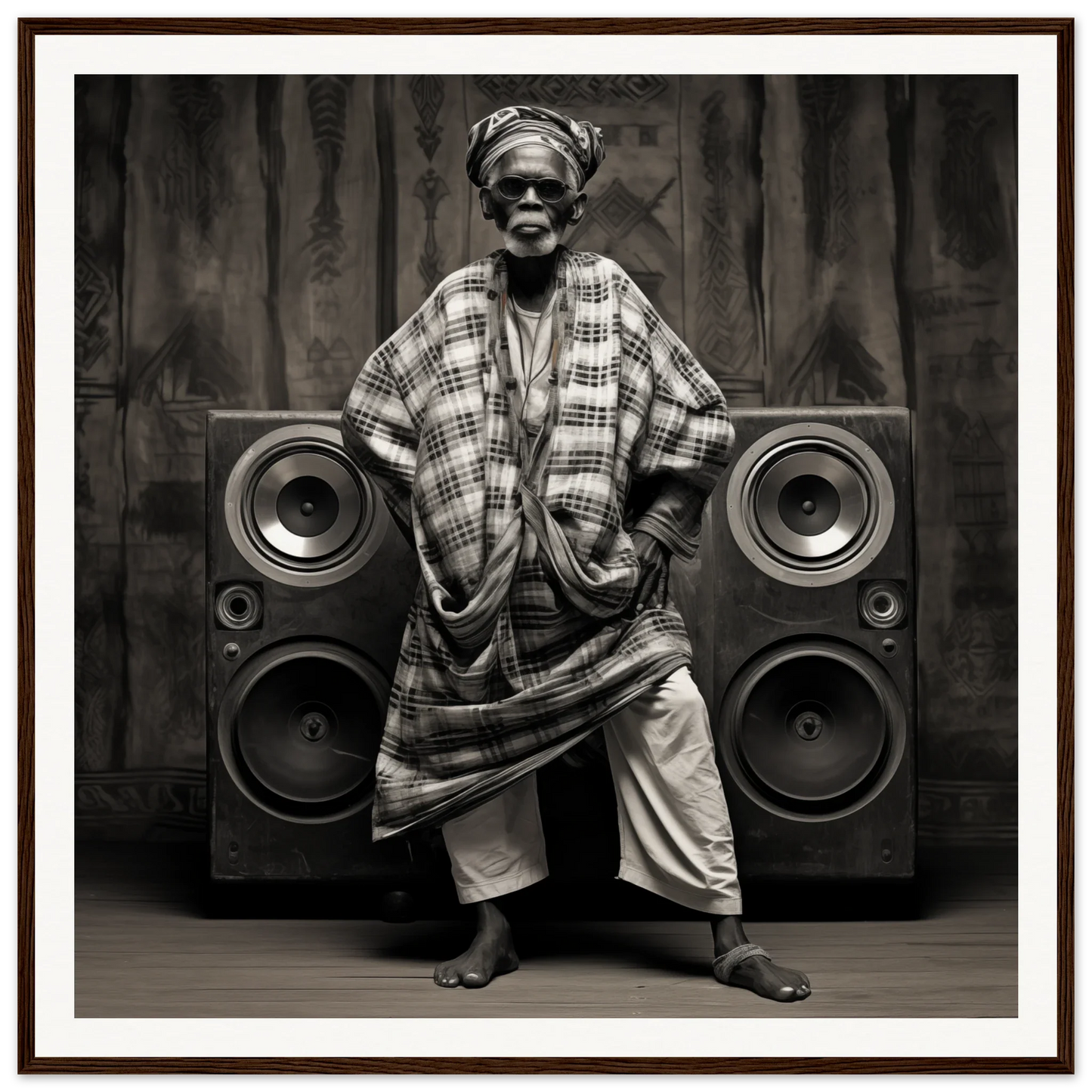 A person in traditional African attire stands between two speakers in Echos of Mysticism