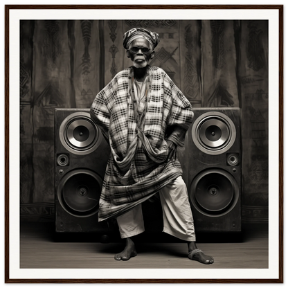 A person in traditional African attire stands between two speakers in Echos of Mysticism