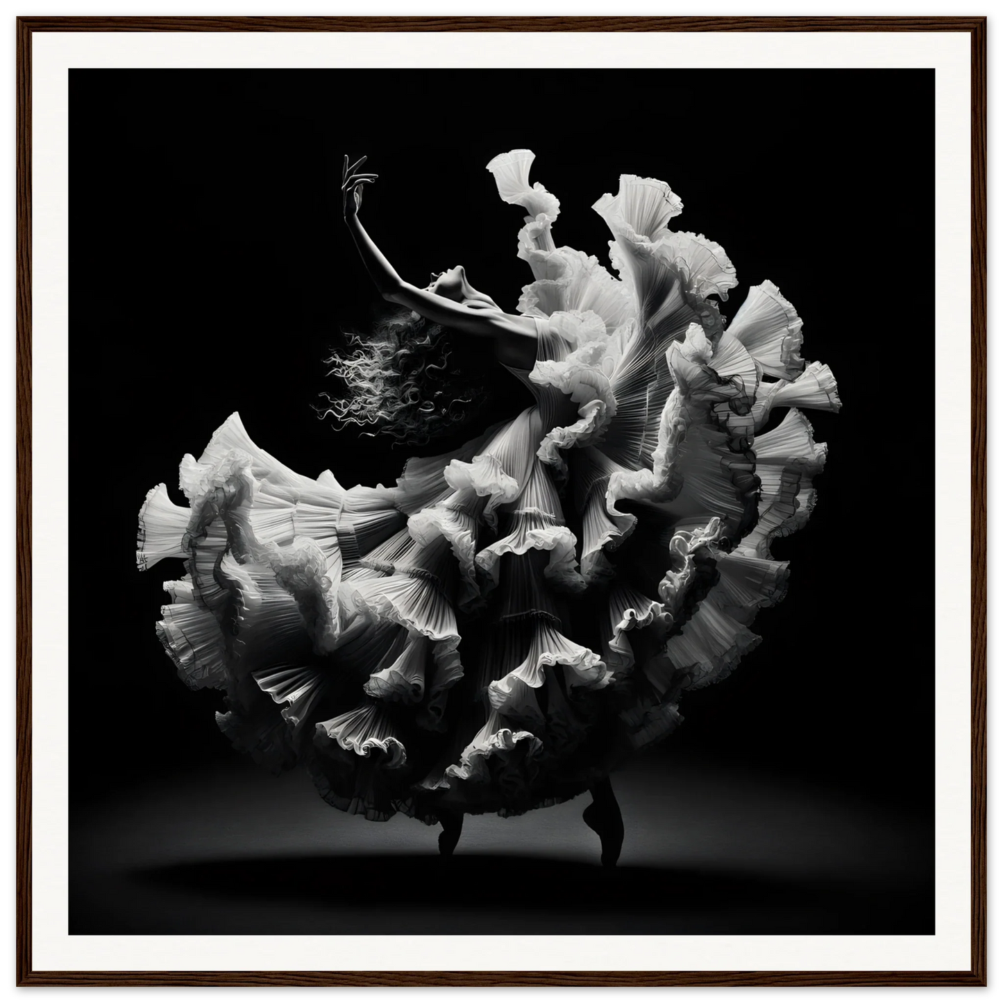 Flowing white ruffled dress in motion for Ecstatic Twirl Shadows special edition art™