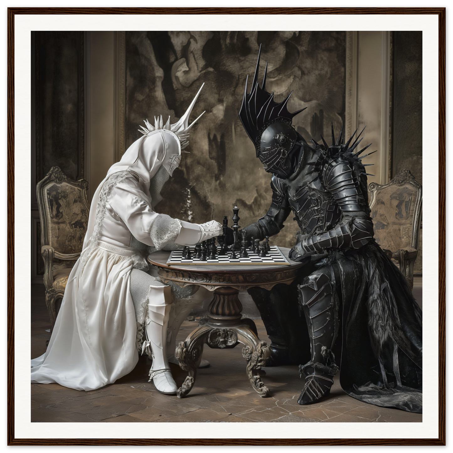 Two armored figures engaged in an Elegant Chess Duel at a stylish table