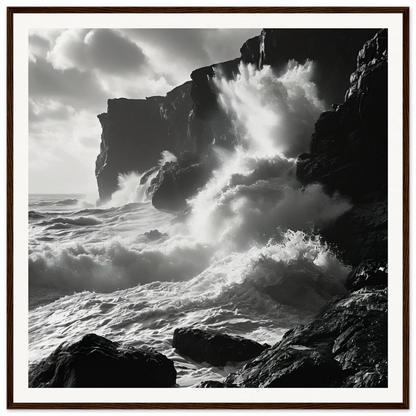 Powerful ocean waves crashing on cliffs in Ephemeral Stone Symphony framed posters