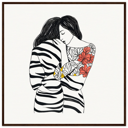 Line drawing of a person in a striped sweater with floral tattoos, Etched Embrace Harmony design