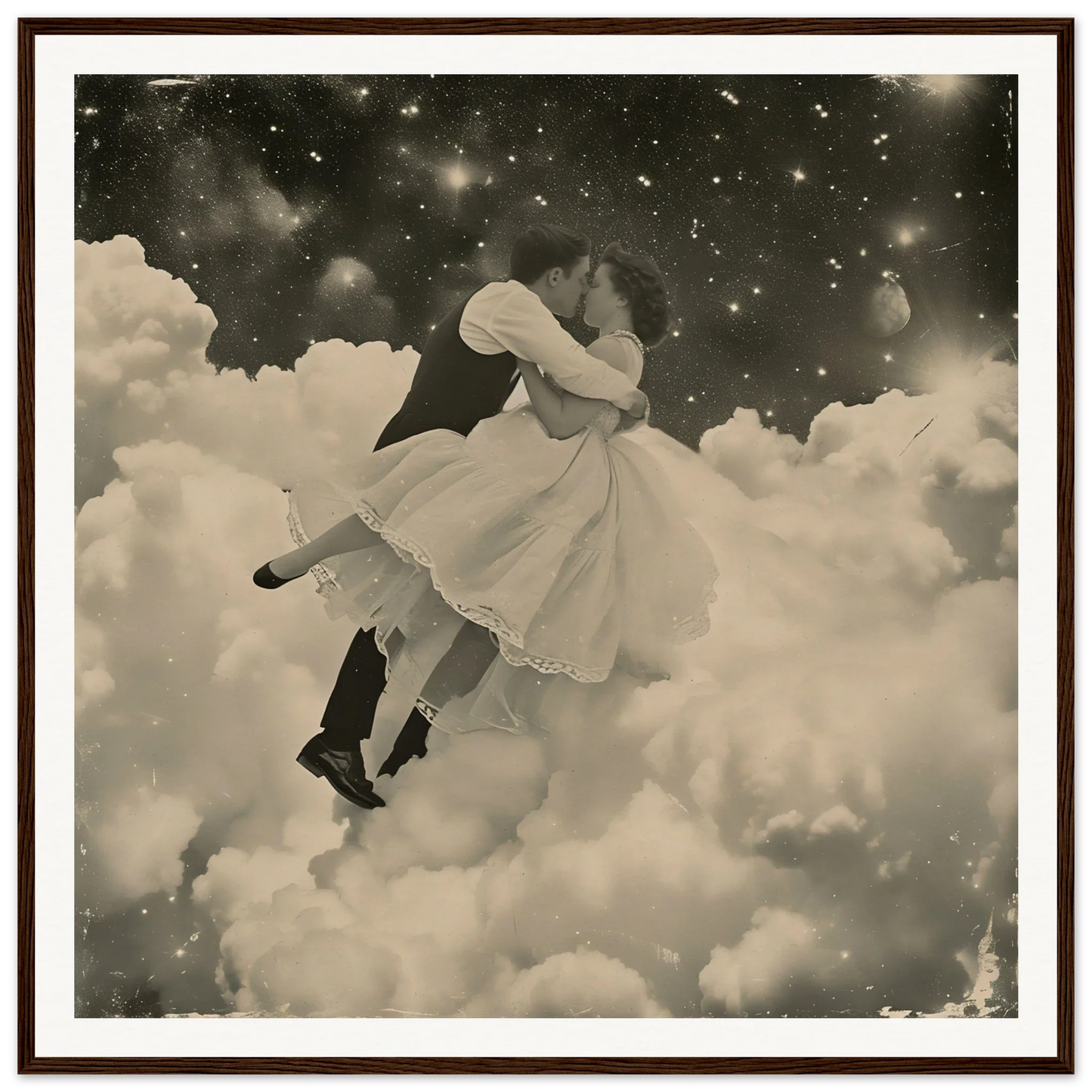 Couple in vintage clothes dancing among clouds in Eternal Cosmic Swoon artwork