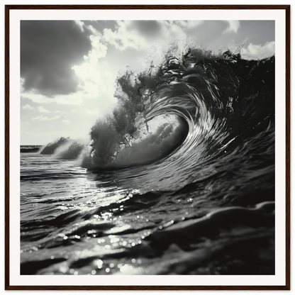 Curling ocean wave in black and white for Eternal Wave Symphony framed poster