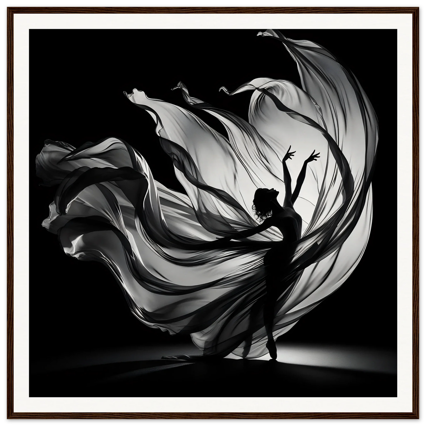 Silhouetted dancer in flowing fabric showcasing Ethereal Dance Reverie’s swirling motion