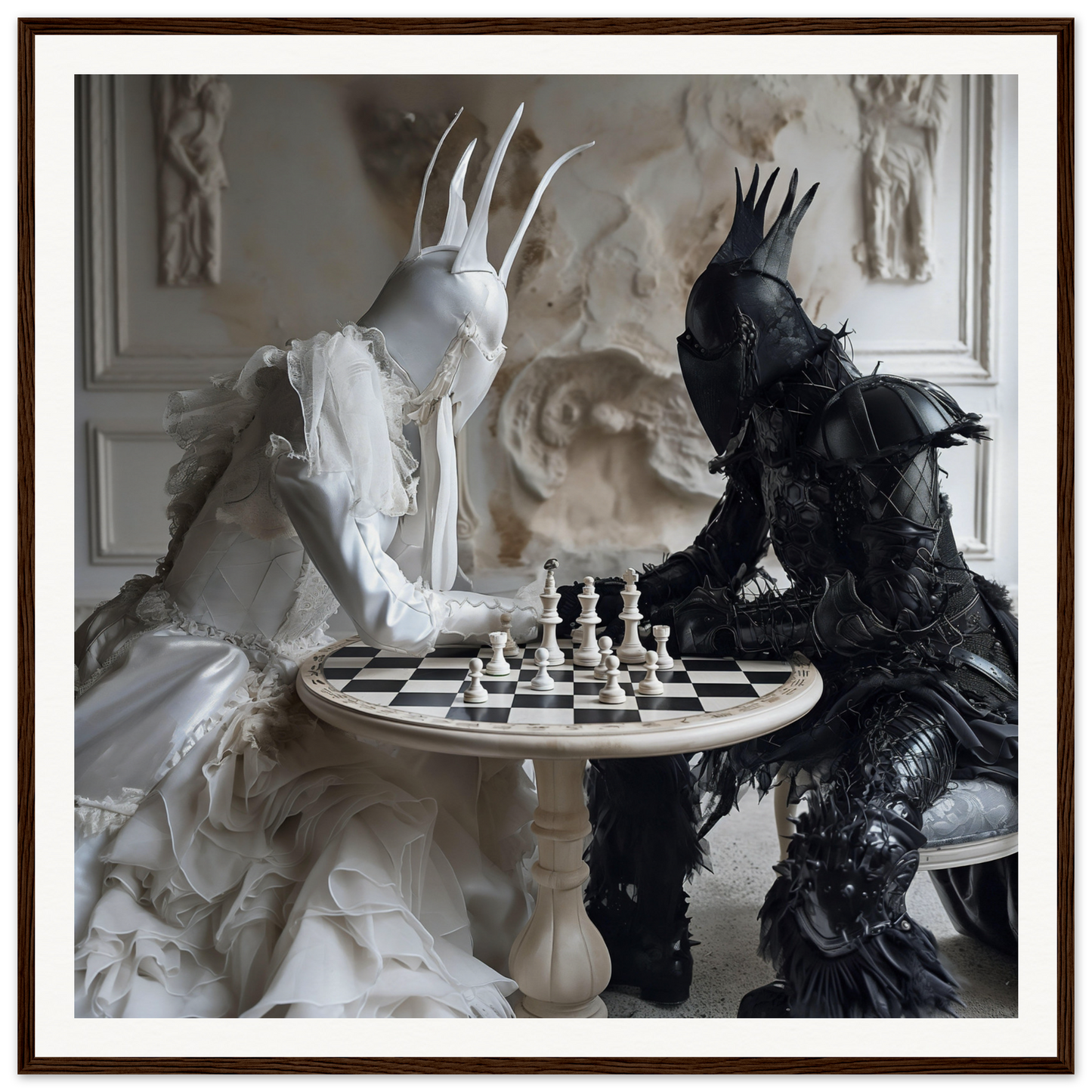 Two ornate figures in black and white costumes playing chess in Ethereal Minds’ Duel