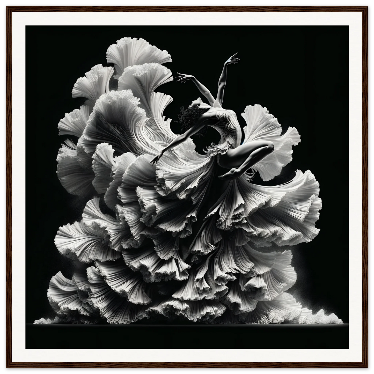 Black and white delicate ruffled petals of a carnation in Ethereal Motion Reverie