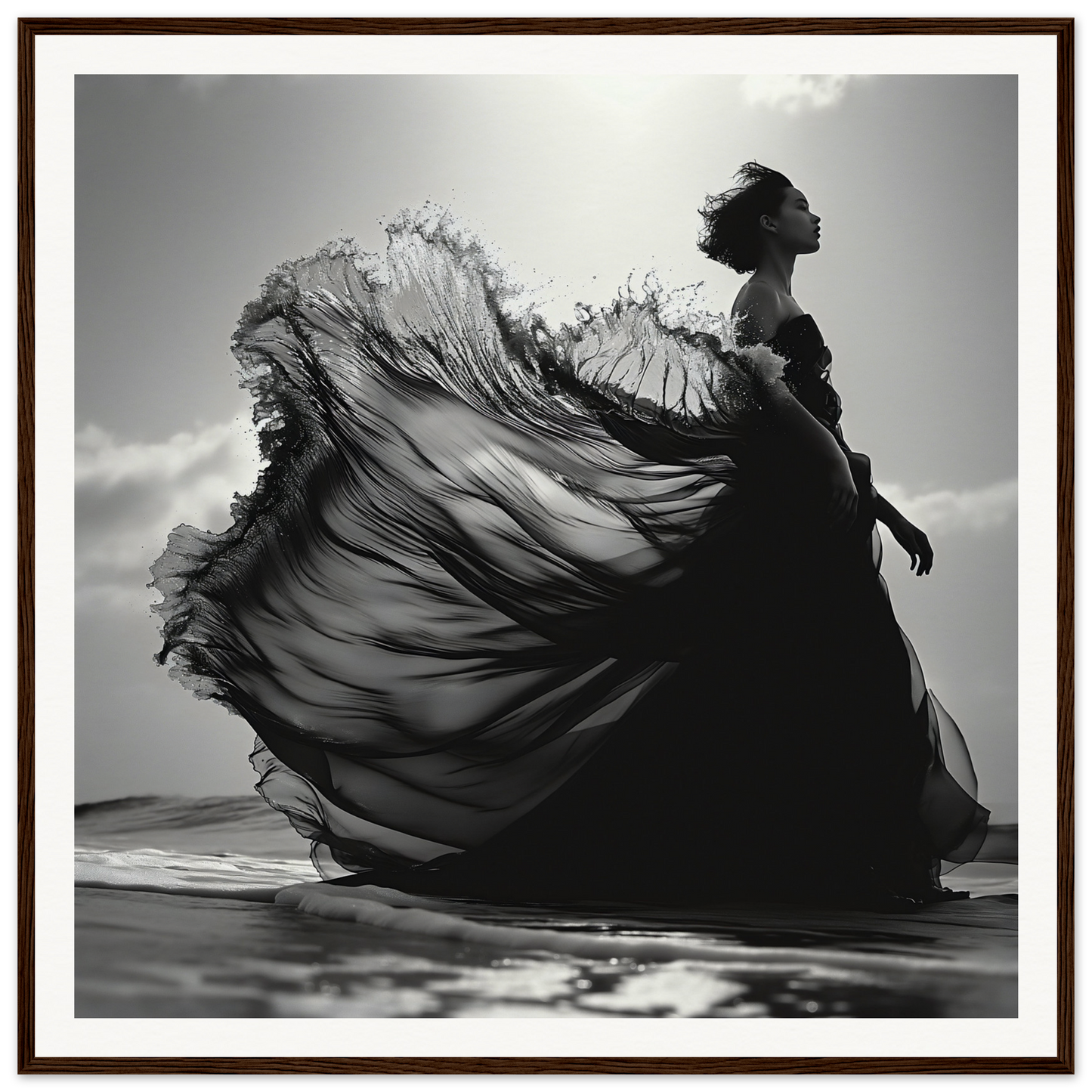 Silhouette of a black dress flowing like the Ethereal Wave Serenade in motion