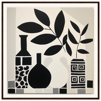 Black and white still life of vases with leaf patterns from Geometry’s Tranquil Dance