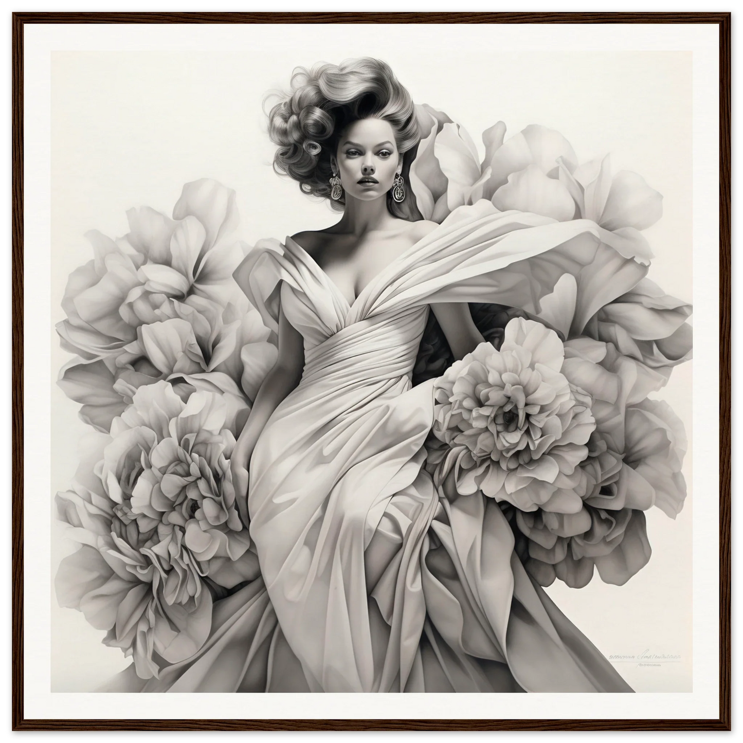 Black and white fashion shot of Gown Enveloped Blossoms with soft peonies around it