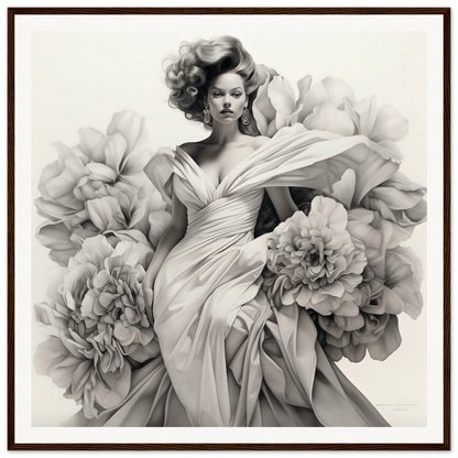 Black and white fashion shot of Gown Enveloped Blossoms with soft peonies around it