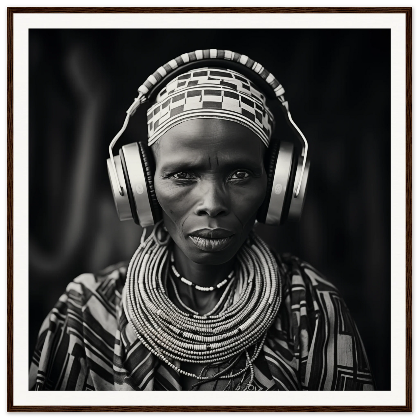 Striking black and white portrait of tradition meets tech with African jewelry and headphones