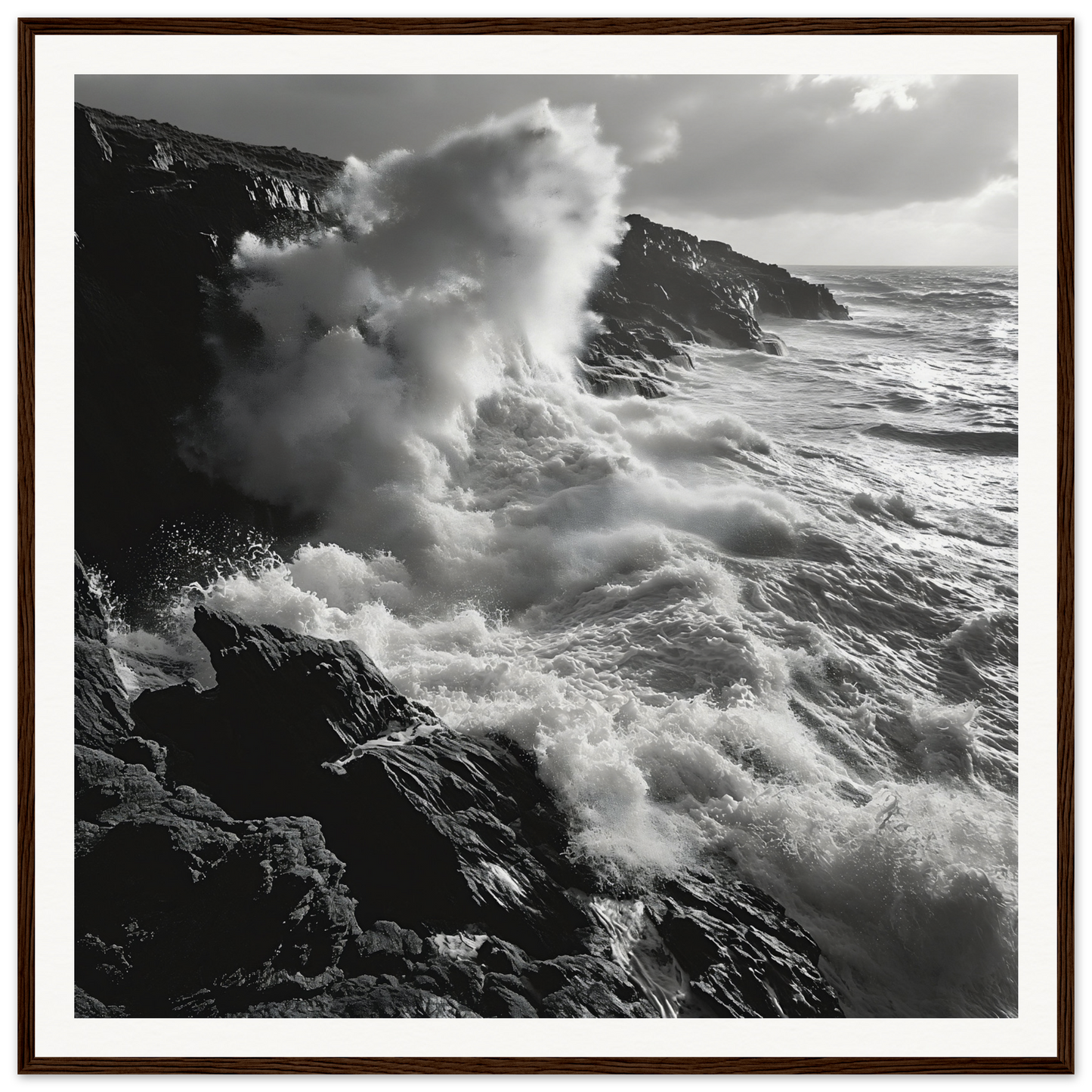 Powerful ocean waves crash against rocky cliffs in Infinite Nautical Poem wall art