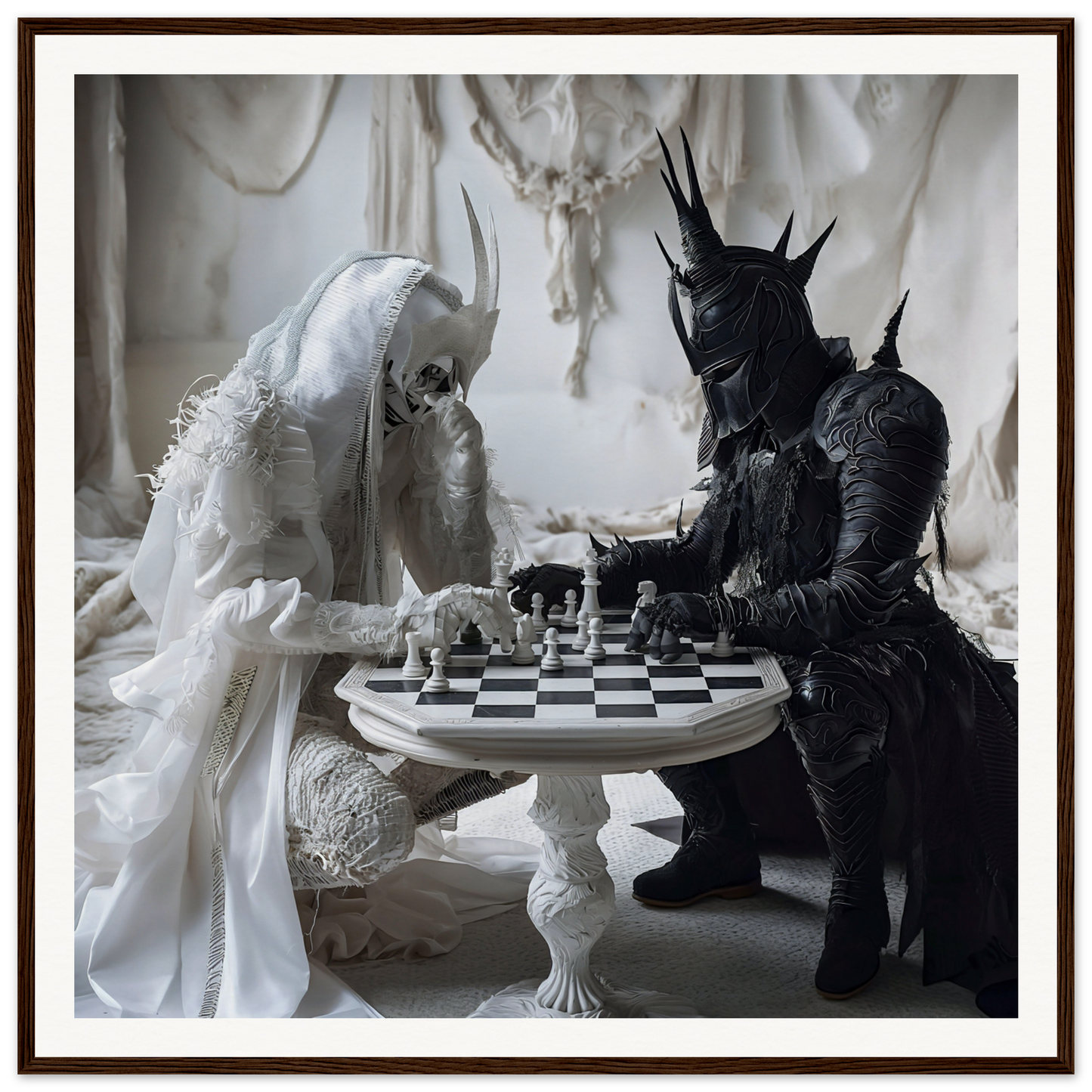 Two figures in white and black costumes playing chess in Kindled Celestial Dance art
