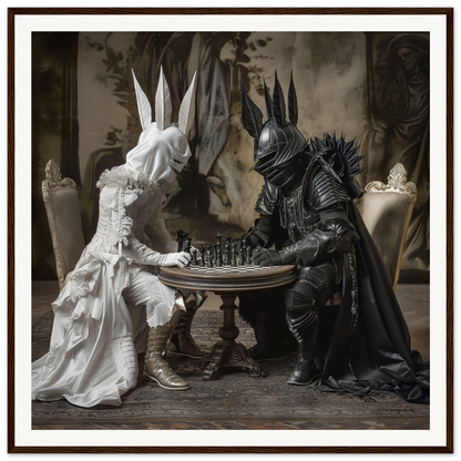 Two armored figures in black and white playing chess, Knighted Dreamscapes framed poster