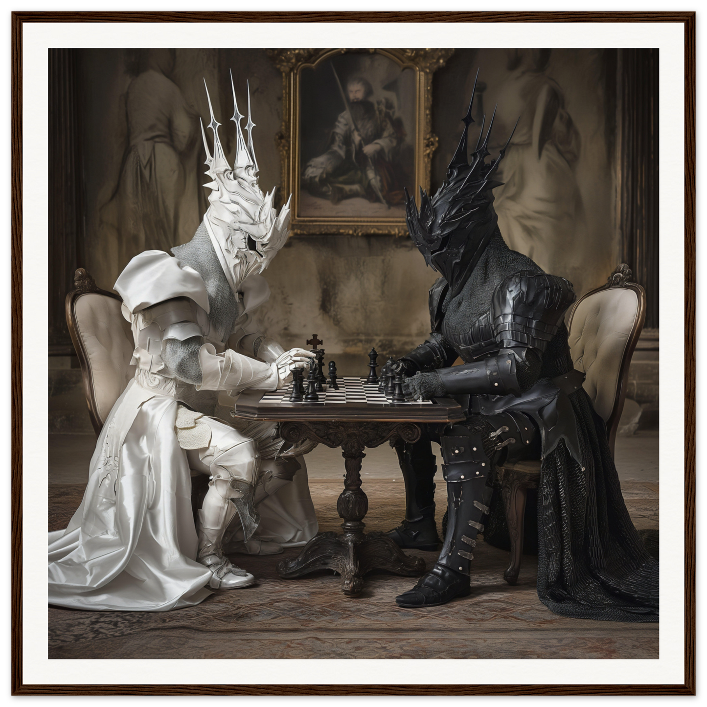 Two armored figures in white and black playing chess, part of Knights’ Cerebral Ballet special edition art