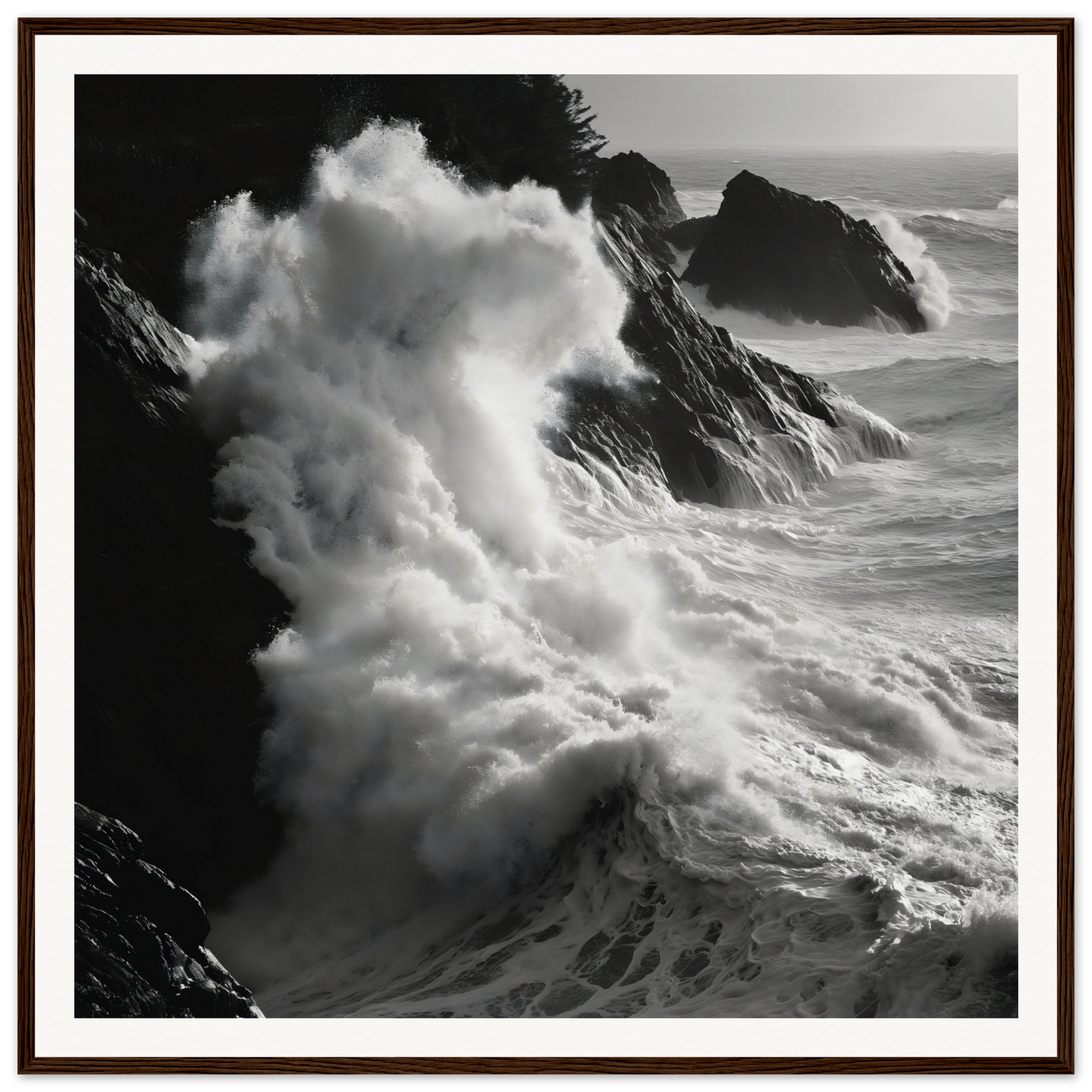 Dramatic ocean waves crashing on cliffs in a stunning white seascape framed poster