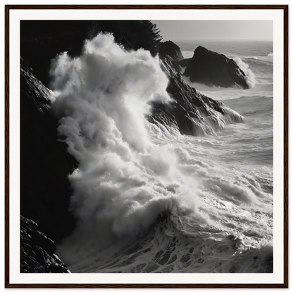 Dramatic ocean waves crashing on cliffs in a stunning white seascape framed poster