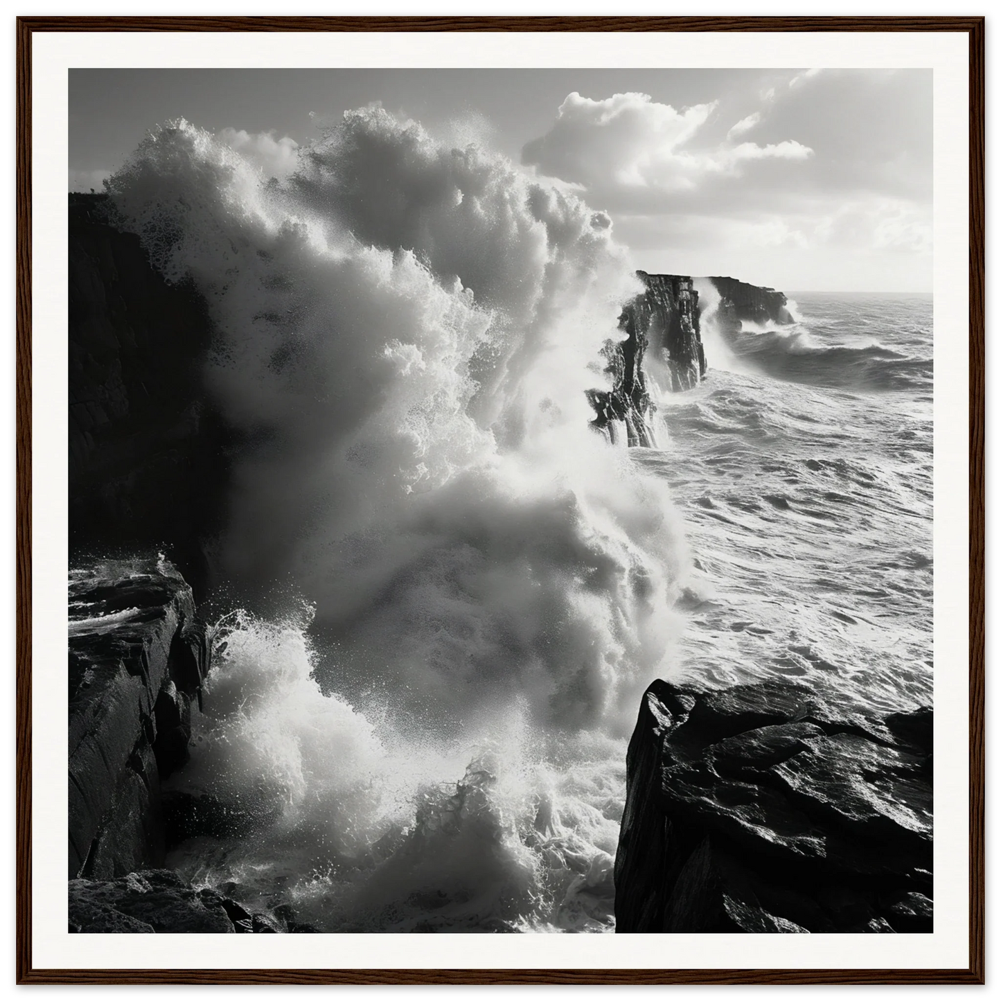 Powerful ocean waves crash on cliffs in Majestic Tempest Dance art piece