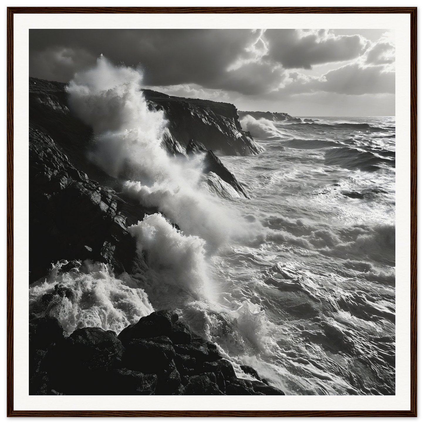 Powerful ocean waves crash on cliffs in Mystic Tempest Waltz framed poster art