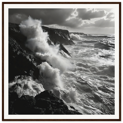 Powerful ocean waves crash on cliffs in Mystic Tempest Waltz framed poster art