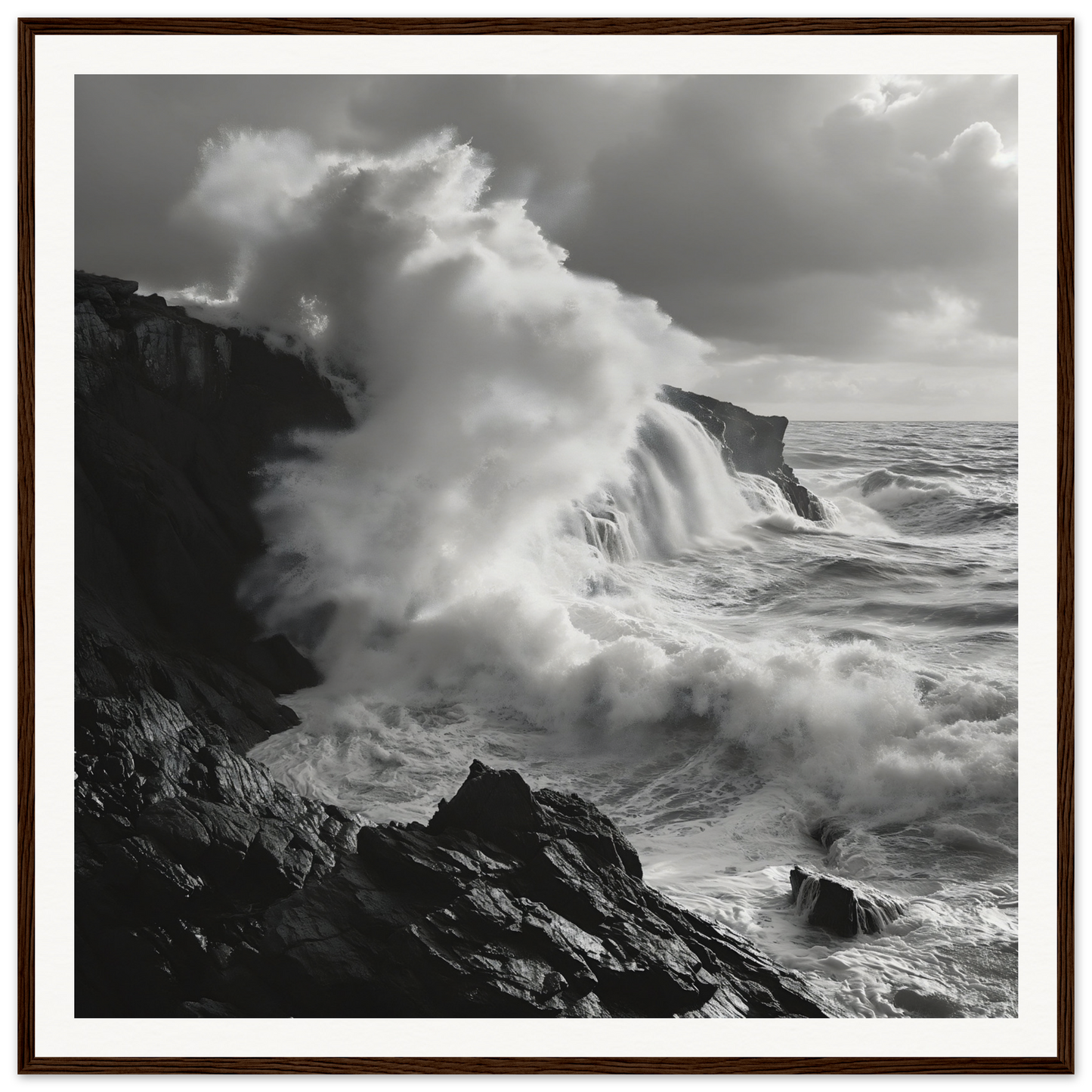 Powerful ocean waves crashing against cliffs in Nature’s Whispered Conquest special edition art™