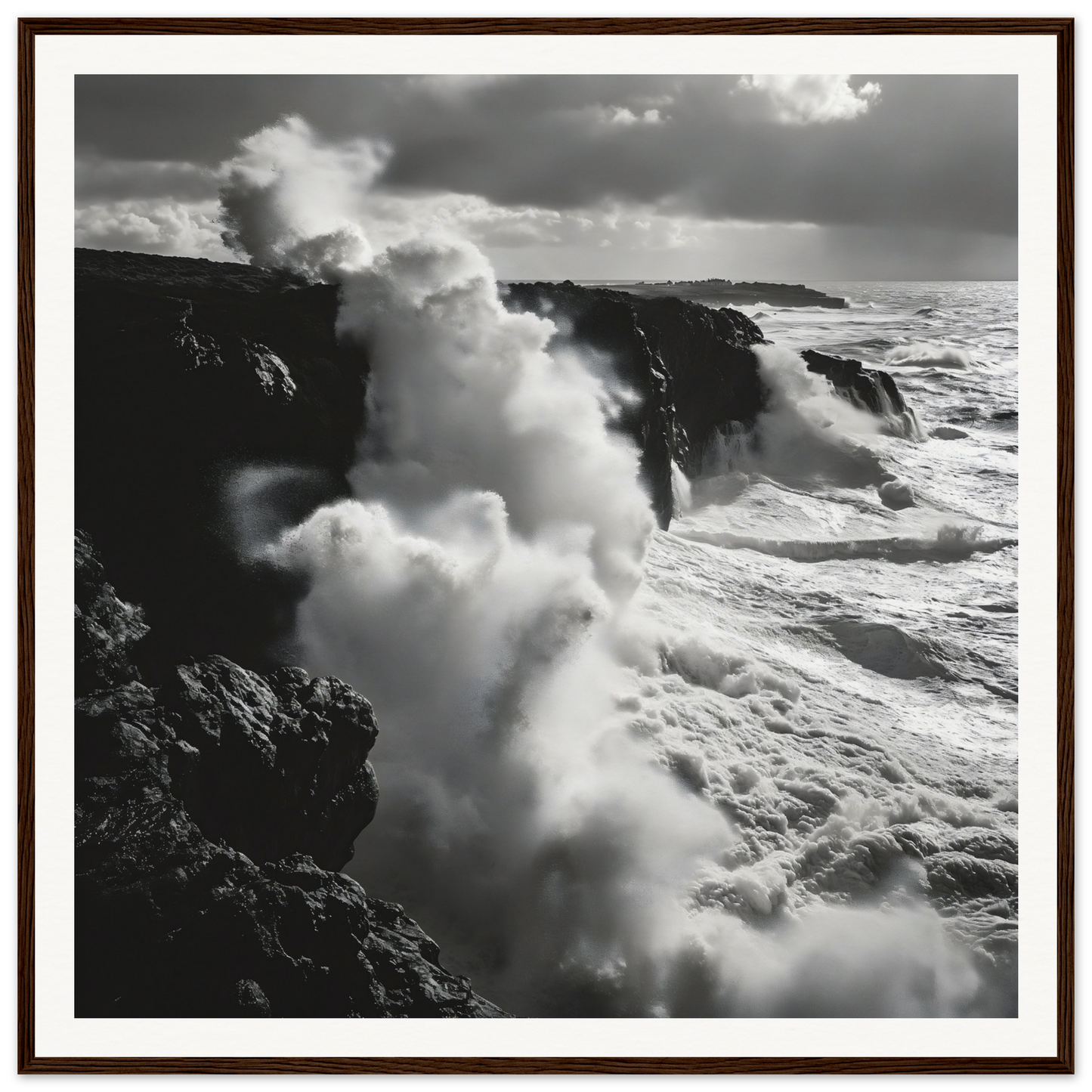 Powerful ocean waves crash on dark cliffs in Ocean Roars Symphony framed poster